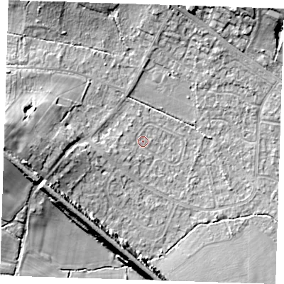 Shaded relief map of the ground around TN119EB, computed from Environment Agency LiDAR. The ground here sits at about 25 m above sea level and falls 16 m across the surrounding 800 m. Surface water reaching this point runs off ground lying to the west-south-west, 2.7 m higher.