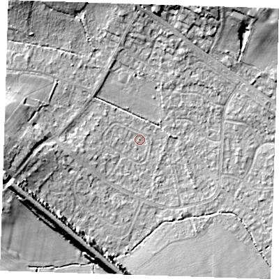Shaded relief map of the ground around TN119ED, computed from Environment Agency LiDAR. The ground here sits at about 24 m above sea level and falls 16 m across the surrounding 800 m. Surface water reaching this point runs off ground lying to the west-north-west, 1.1 m higher.