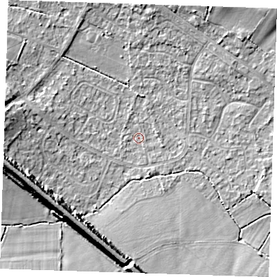 Shaded relief map of the ground around TN119EE, computed from Environment Agency LiDAR. The ground here sits at about 23 m above sea level and falls 14 m across the surrounding 800 m. Surface water reaching this point runs off ground lying to the west, 12.8 m higher.