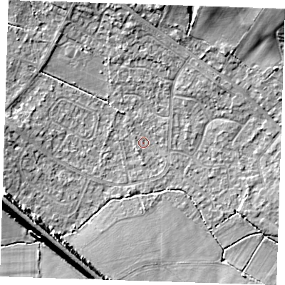 Shaded relief map of the ground around TN119EG, computed from Environment Agency LiDAR. The ground here sits at about 23 m above sea level and falls 18 m across the surrounding 800 m. Surface water reaching this point runs off ground lying to the west-south-west, 12.3 m higher.
