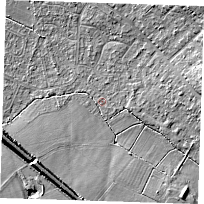 Shaded relief map of the ground around TN119EH, computed from Environment Agency LiDAR. The ground here sits at about 23 m above sea level and falls 14 m across the surrounding 800 m. Surface water reaching this point runs off ground lying to the west, 1.2 m higher.