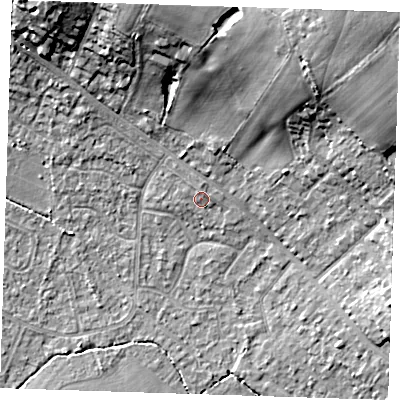 Shaded relief map of the ground around TN119EU, computed from Environment Agency LiDAR. The ground here sits at about 26 m above sea level and falls 23 m across the surrounding 800 m. Surface water reaching this point runs off ground lying to the north, 1.2 m higher.