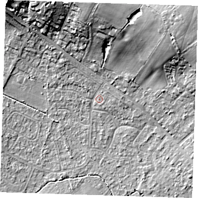 Shaded relief map of the ground around TN119EX, computed from Environment Agency LiDAR. The ground here sits at about 25 m above sea level and falls 23 m across the surrounding 800 m. Surface water reaching this point runs off ground lying to the north, 15.7 m higher.