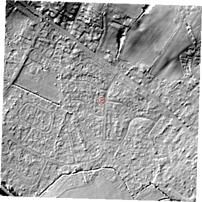 Shaded relief map of the ground around TN119EY, computed from Environment Agency LiDAR. The ground here sits at about 24 m above sea level and falls 23 m across the surrounding 800 m. Surface water reaching this point runs off ground lying to the north, 15.0 m higher.