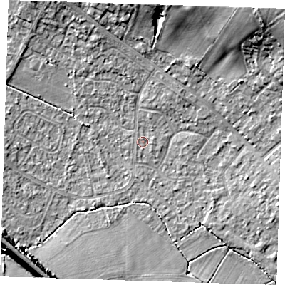 Shaded relief map of the ground around TN119EZ, computed from Environment Agency LiDAR. The ground here sits at about 23 m above sea level and falls 22 m across the surrounding 800 m. Surface water reaching this point runs off ground lying to the north-north-east, 1.3 m higher.