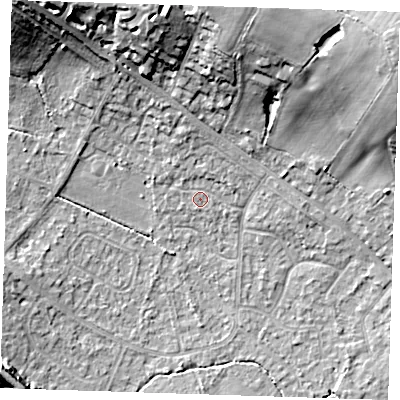 Shaded relief map of the ground around TN119HA, computed from Environment Agency LiDAR. The ground here sits at about 25 m above sea level and falls 22 m across the surrounding 800 m. Surface water reaching this point runs off ground lying to the north, 1.2 m higher.
