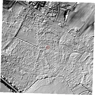 Shaded relief map of the ground around TN119HB, computed from Environment Agency LiDAR. The ground here sits at about 23 m above sea level and falls 22 m across the surrounding 800 m. Surface water reaching this point runs off ground lying to the north, 4.9 m higher.