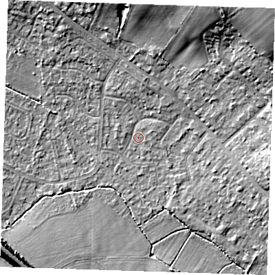 Shaded relief map of the ground around TN119HE, computed from Environment Agency LiDAR. The ground here sits at about 23 m above sea level and falls 22 m across the surrounding 800 m. Surface water reaching this point runs off ground lying to the north-north-east, 18.7 m higher.