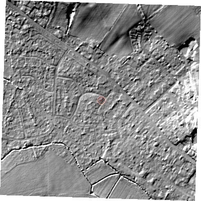 Shaded relief map of the ground around TN119HF, computed from Environment Agency LiDAR. The ground here sits at about 24 m above sea level and falls 22 m across the surrounding 800 m. Surface water reaching this point runs off ground lying to the north-north-east, 2.0 m higher.