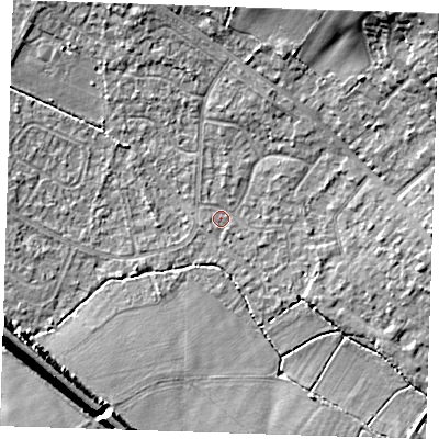 Shaded relief map of the ground around TN119HG, computed from Environment Agency LiDAR. The ground here sits at about 23 m above sea level and falls 19 m across the surrounding 800 m. Surface water reaching this point runs off ground lying to the west-south-west, 11.2 m higher.