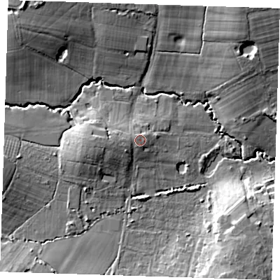 Shaded relief map of the ground around TN119LH, computed from Environment Agency LiDAR. The ground here sits at about 44 m above sea level and falls 19 m across the surrounding 800 m. Surface water reaching this point runs off ground lying to the west, 1.1 m higher.