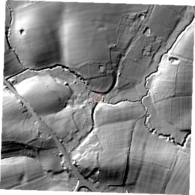 Shaded relief map of the ground around TN119LX, computed from Environment Agency LiDAR. The ground here sits at about 48 m above sea level and falls 23 m across the surrounding 800 m. Surface water reaching this point runs off ground lying to the north-north-west, 17.1 m higher.