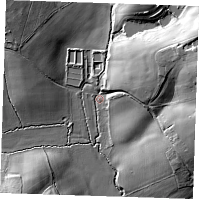 Shaded relief map of the ground around TN119RG, computed from Environment Agency LiDAR. The ground here sits at about 36 m above sea level and falls 28 m across the surrounding 800 m. Surface water reaching this point runs off ground lying to the east-north-east, 23.5 m higher.