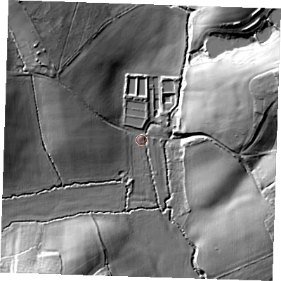 Shaded relief map of the ground around TN119RQ, computed from Environment Agency LiDAR. The ground here sits at about 35 m above sea level and falls 24 m across the surrounding 800 m. Surface water reaching this point runs off ground lying to the north-west, 18.3 m higher.