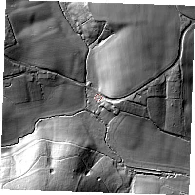 Shaded relief map of the ground around TN119RR, computed from Environment Agency LiDAR. The ground here sits at about 47 m above sea level and falls 30 m across the surrounding 800 m. Surface water reaching this point runs off ground lying to the north-east, 20.2 m higher.