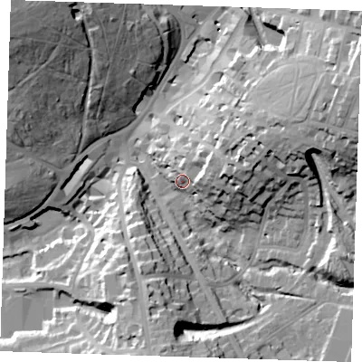 Shaded relief map of the ground around TN11UJ, computed from Environment Agency LiDAR. The ground here sits at about 89 m above sea level and falls 42 m across the surrounding 800 m. Surface water reaching this point runs off ground lying to the north-east, 17.7 m higher.