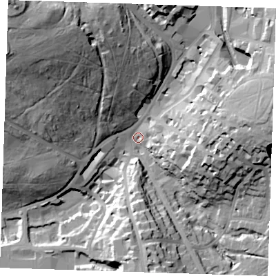 Shaded relief map of the ground around TN11YX, computed from Environment Agency LiDAR. The ground here sits at about 81 m above sea level and falls 52 m across the surrounding 800 m. Surface water reaching this point runs off ground lying to the north-north-west, 33.4 m higher.