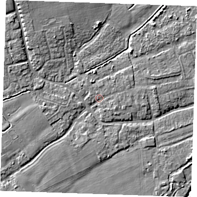 Shaded relief map of the ground around TN125AA, computed from Environment Agency LiDAR. The ground here sits at about 14 m above sea level and falls 8 m across the surrounding 800 m. Surface water reaching this point runs off ground lying to the east-south-east, 1.4 m higher.