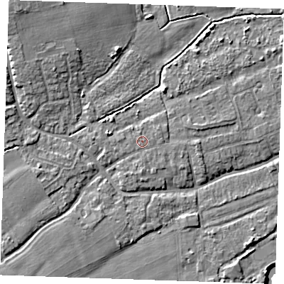 Shaded relief map of the ground around TN125AB, computed from Environment Agency LiDAR. The ground here sits at about 14 m above sea level and falls 9 m across the surrounding 800 m. Surface water reaching this point runs off ground lying to the south, 0.9 m higher.