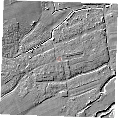 Shaded relief map of the ground around TN125AD, computed from Environment Agency LiDAR. The ground here sits at about 14 m above sea level and falls 8 m across the surrounding 800 m. Surface water reaching this point runs off ground lying to the west, 0.7 m higher.