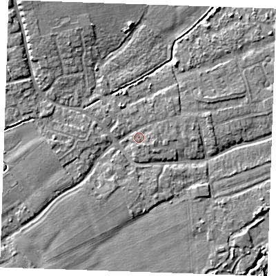 Shaded relief map of the ground around TN125AE, computed from Environment Agency LiDAR. The ground here sits at about 14 m above sea level and falls 8 m across the surrounding 800 m. Surface water reaching this point runs off ground lying to the east-south-east, 1.3 m higher.