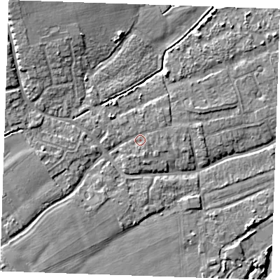 Shaded relief map of the ground around TN125AG, computed from Environment Agency LiDAR. The ground here sits at about 14 m above sea level and falls 8 m across the surrounding 800 m. Surface water reaching this point runs off ground lying to the south-south-east, 1.0 m higher.
