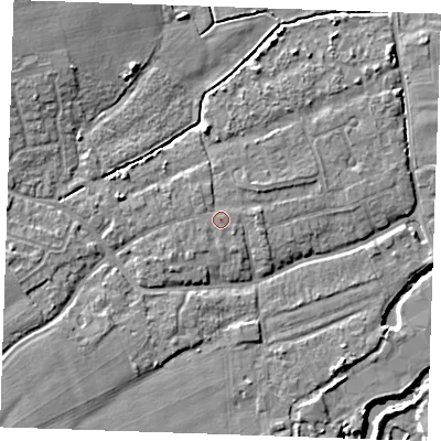 Shaded relief map of the ground around TN125AH, computed from Environment Agency LiDAR. The ground here sits at about 15 m above sea level and falls 8 m across the surrounding 800 m. Surface water reaching this point runs off ground lying to the south, 0.6 m higher.