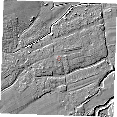 Shaded relief map of the ground around TN125AJ, computed from Environment Agency LiDAR. The ground here sits at about 15 m above sea level and falls 8 m across the surrounding 800 m. Surface water reaching this point runs off ground lying to the east, 0.7 m higher.