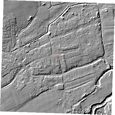Shaded relief map of the ground around TN125AL, computed from Environment Agency LiDAR. The ground here sits at about 15 m above sea level and falls 8 m across the surrounding 800 m. Surface water reaching this point runs off ground lying to the east, 0.7 m higher.