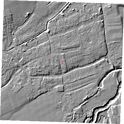 Shaded relief map of the ground around TN125AN, computed from Environment Agency LiDAR. The ground here sits at about 14 m above sea level and falls 7 m across the surrounding 800 m. Surface water reaching this point runs off ground lying to the north-east, 1.2 m higher.