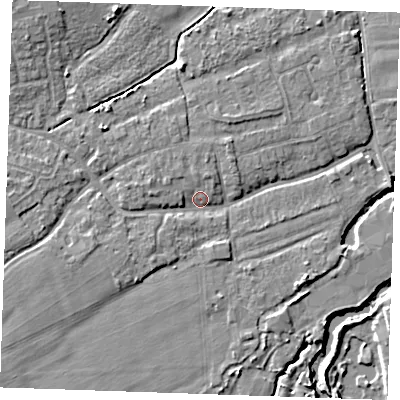 Shaded relief map of the ground around TN125AP, computed from Environment Agency LiDAR. The ground here sits at about 14 m above sea level and falls 7 m across the surrounding 800 m. Surface water reaching this point runs off ground lying to the north-west, 5.2 m higher.