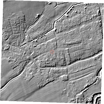 Shaded relief map of the ground around TN125AQ, computed from Environment Agency LiDAR. The ground here sits at about 14 m above sea level and falls 9 m across the surrounding 800 m. Surface water reaching this point runs off ground lying to the north, 0.9 m higher.