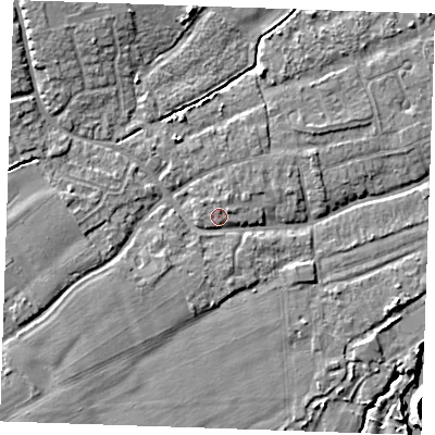 Shaded relief map of the ground around TN125AR, computed from Environment Agency LiDAR. The ground here sits at about 14 m above sea level and falls 8 m across the surrounding 800 m. Surface water reaching this point runs off ground lying to the north-west, 4.5 m higher.