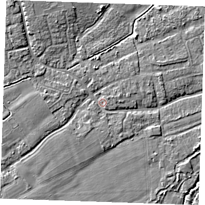 Shaded relief map of the ground around TN125AS, computed from Environment Agency LiDAR. The ground here sits at about 14 m above sea level and falls 7 m across the surrounding 800 m. Surface water reaching this point runs off ground lying to the north-west, 4.7 m higher.