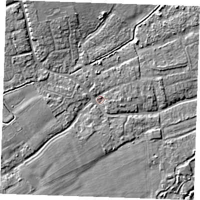 Shaded relief map of the ground around TN125AT, computed from Environment Agency LiDAR. The ground here sits at about 14 m above sea level and falls 7 m across the surrounding 800 m. Surface water reaching this point runs off ground lying to the north-west, 4.8 m higher.