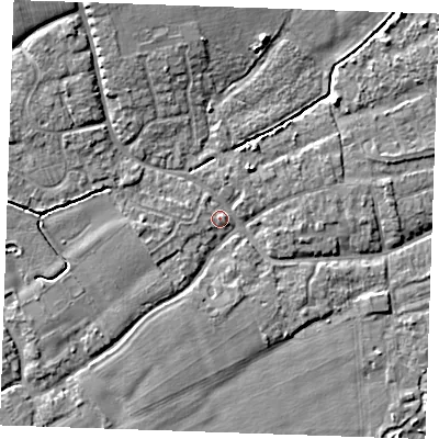 Shaded relief map of the ground around TN125AU, computed from Environment Agency LiDAR. The ground here sits at about 15 m above sea level and falls 6 m across the surrounding 800 m. Surface water reaching this point runs off ground lying to the north-west, 5.1 m higher.