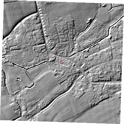 Shaded relief map of the ground around TN125AX, computed from Environment Agency LiDAR. The ground here sits at about 14 m above sea level and falls 8 m across the surrounding 800 m. Surface water reaching this point runs off ground lying to the south-east, 0.9 m higher.