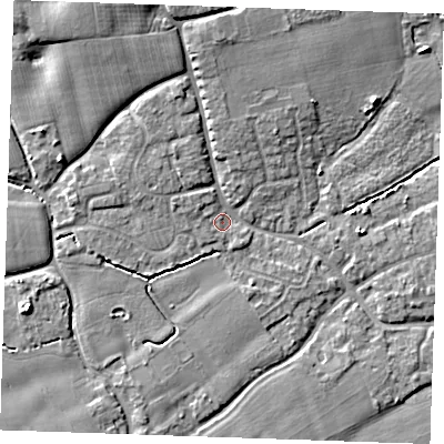 Shaded relief map of the ground around TN125AY, computed from Environment Agency LiDAR. The ground here sits at about 15 m above sea level and falls 8 m across the surrounding 800 m. Surface water reaching this point runs off ground lying to the west-north-west, 1.4 m higher.