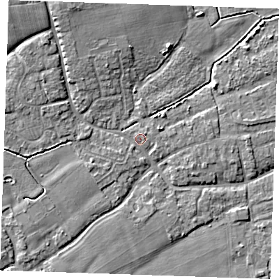 Shaded relief map of the ground around TN125BE, computed from Environment Agency LiDAR. The ground here sits at about 14 m above sea level and falls 7 m across the surrounding 800 m. Surface water reaching this point runs off ground lying to the north-north-west, 5.9 m higher.