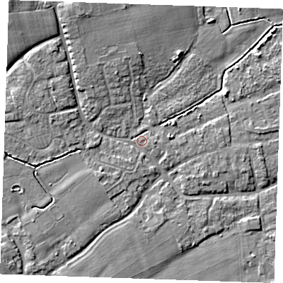 Shaded relief map of the ground around TN125BG, computed from Environment Agency LiDAR. The ground here sits at about 14 m above sea level and falls 8 m across the surrounding 800 m. Surface water reaching this point runs off ground lying to the north-west, 7.3 m higher.