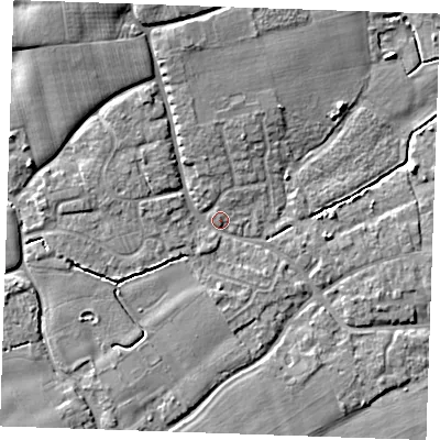 Shaded relief map of the ground around TN125BH, computed from Environment Agency LiDAR. The ground here sits at about 15 m above sea level and falls 9 m across the surrounding 800 m. Surface water reaching this point runs off ground lying to the north-north-west, 7.3 m higher.