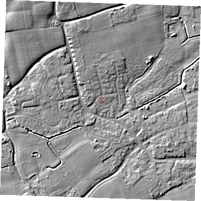 Shaded relief map of the ground around TN125BN, computed from Environment Agency LiDAR. The ground here sits at about 15 m above sea level and falls 9 m across the surrounding 800 m. Surface water reaching this point runs off ground lying to the north-north-west, 2.1 m higher.