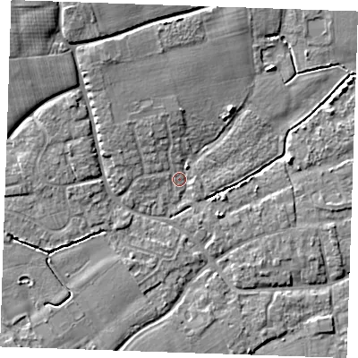 Shaded relief map of the ground around TN125BP, computed from Environment Agency LiDAR. The ground here sits at about 14 m above sea level and falls 10 m across the surrounding 800 m. Surface water reaching this point runs off ground lying to the north-north-west, 4.1 m higher.