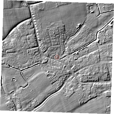 Shaded relief map of the ground around TN125BQ, computed from Environment Agency LiDAR. The ground here sits at about 14 m above sea level and falls 8 m across the surrounding 800 m. Surface water reaching this point runs off ground lying to the north-west, 7.8 m higher.