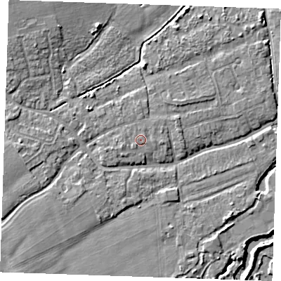 Shaded relief map of the ground around TN125BY, computed from Environment Agency LiDAR. The ground here sits at about 14 m above sea level and falls 8 m across the surrounding 800 m. Surface water reaching this point runs off ground lying to the south-west, 0.6 m higher.