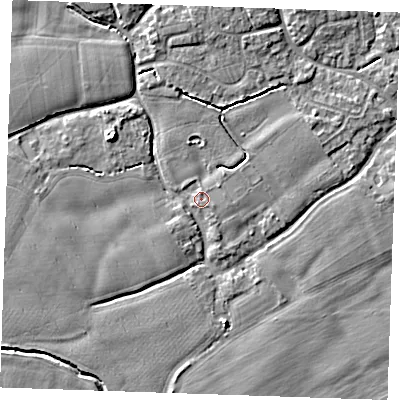 Shaded relief map of the ground around TN125DJ, computed from Environment Agency LiDAR. The ground here sits at about 15 m above sea level and falls 6 m across the surrounding 800 m. Surface water reaching this point runs off ground lying to the north-east, 1.2 m higher.