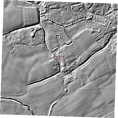 Shaded relief map of the ground around TN125DL, computed from Environment Agency LiDAR. The ground here sits at about 14 m above sea level and falls 6 m across the surrounding 800 m. Surface water reaching this point runs off ground lying to the north-west, 5.0 m higher.