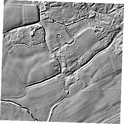 Shaded relief map of the ground around TN125DN, computed from Environment Agency LiDAR. The ground here sits at about 14 m above sea level and falls 6 m across the surrounding 800 m. Surface water reaching this point runs off ground lying to the north-west, 5.0 m higher.