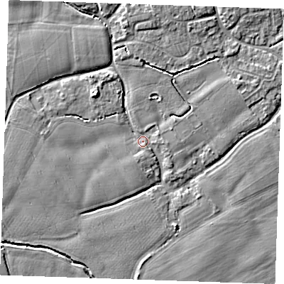 Shaded relief map of the ground around TN125DP, computed from Environment Agency LiDAR. The ground here sits at about 15 m above sea level and falls 6 m across the surrounding 800 m. Surface water reaching this point runs off ground lying to the north-west, 5.0 m higher.