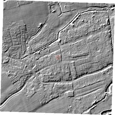 Shaded relief map of the ground around TN125DQ, computed from Environment Agency LiDAR. The ground here sits at about 15 m above sea level and falls 9 m across the surrounding 800 m. Surface water reaching this point runs off ground lying to the north-west, 0.7 m higher.